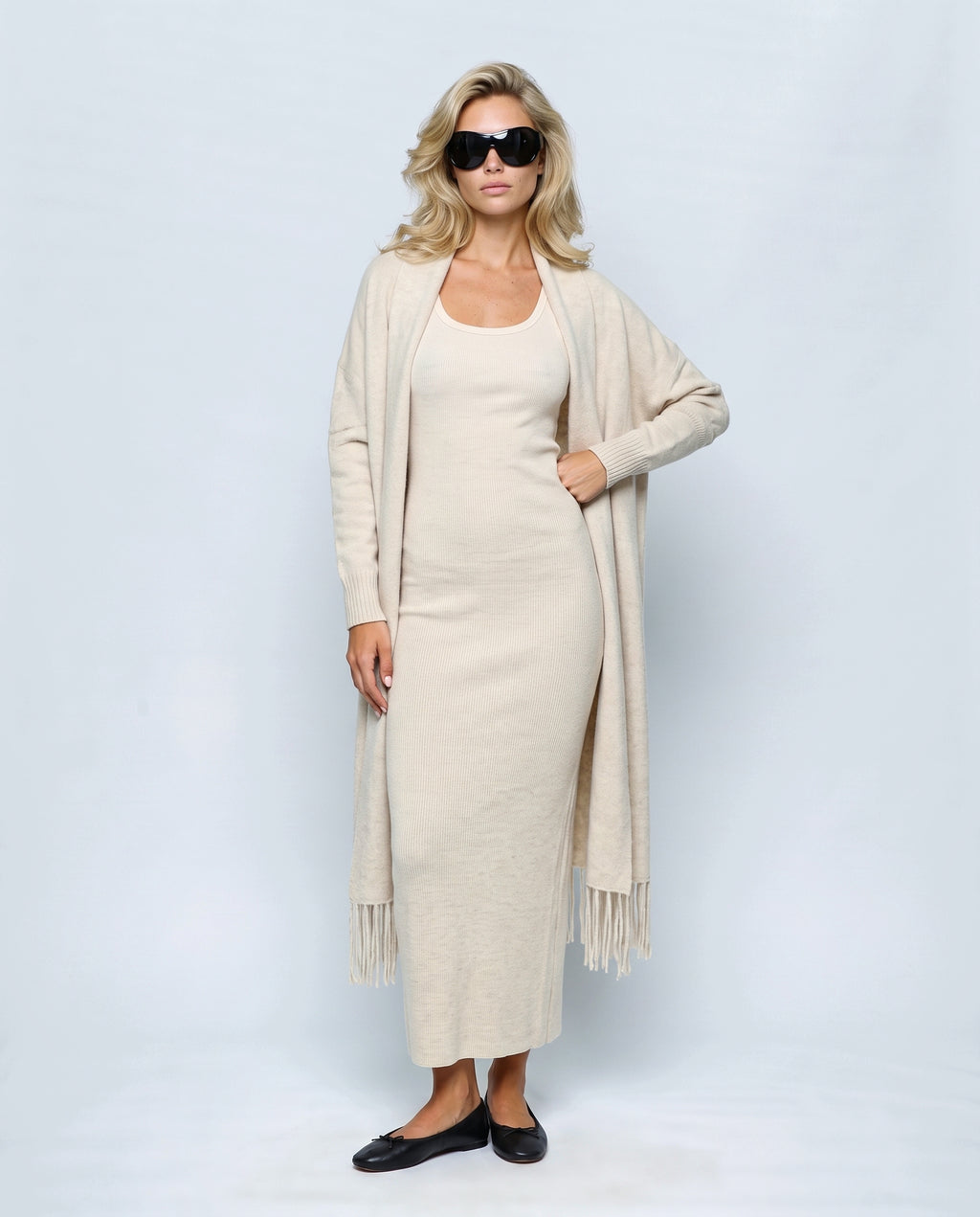 Odette Dress & Fringed Shawl Set in Oatmeal cream, front view on a non-pregnant model