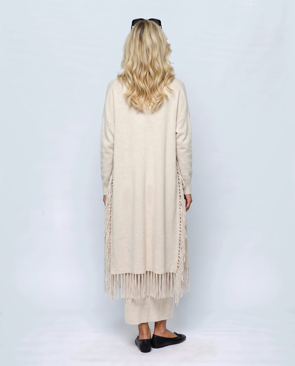 Odette Dress & Fringed Shawl Set in Oatmeal cream, back view on a non-pregnant model