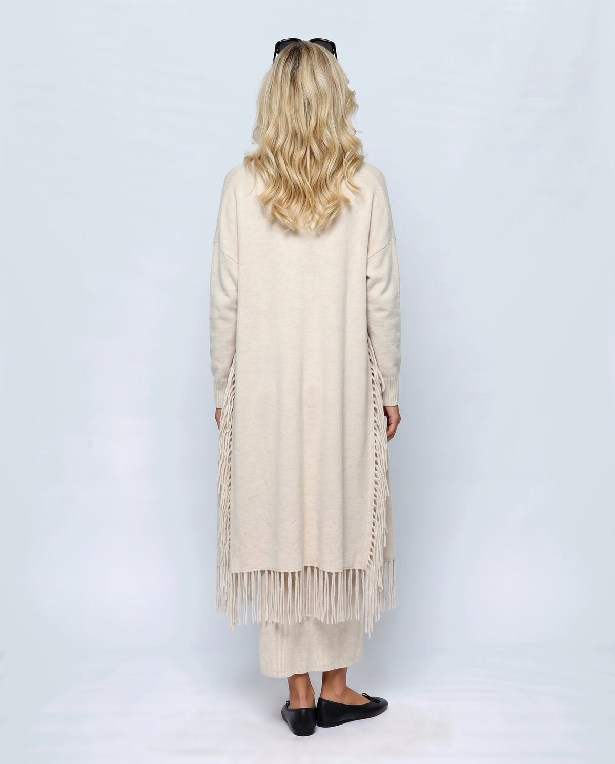Odette Dress & Fringed Shawl Set in Oatmeal cream, back view on a non-pregnant model
