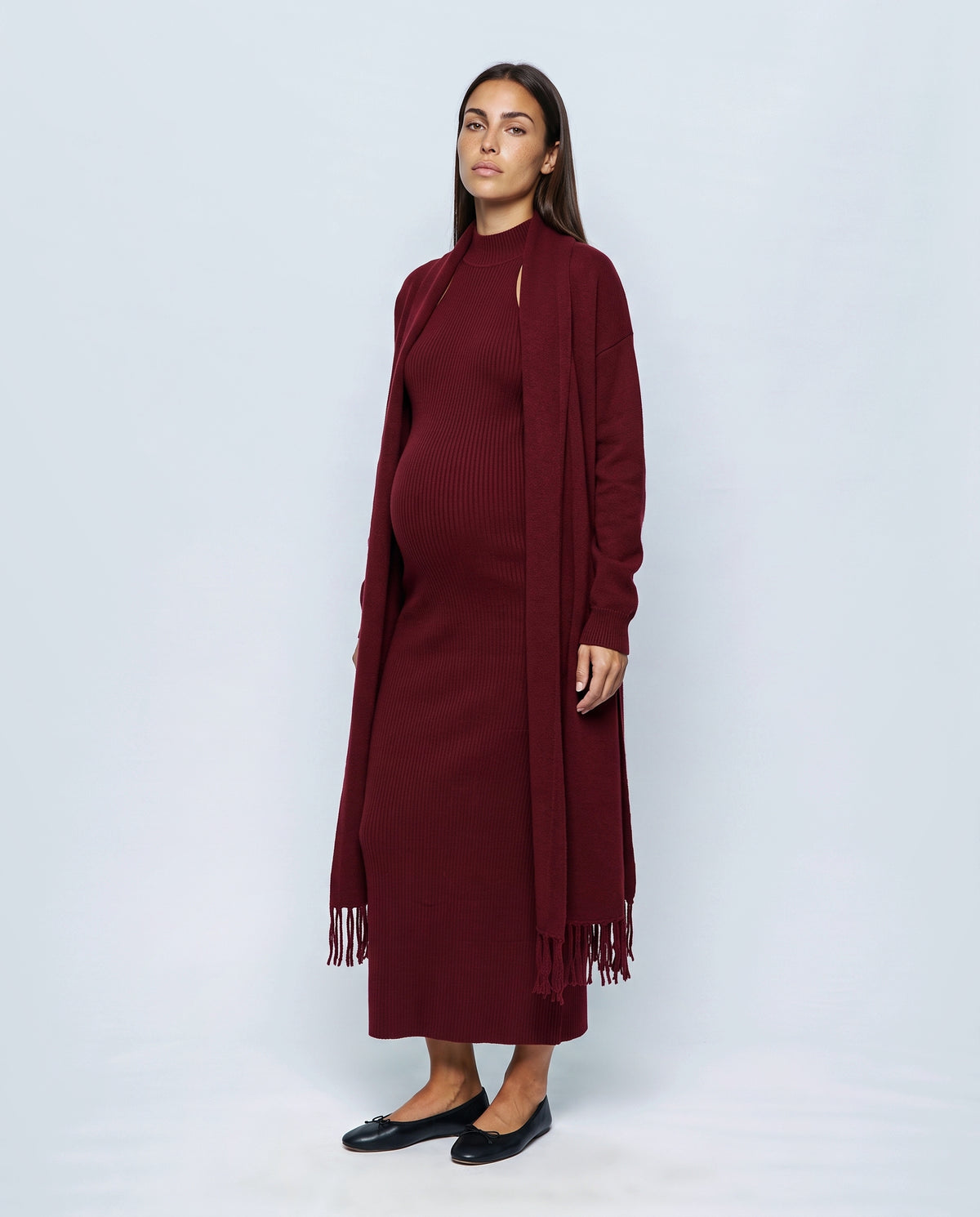 Odette Dress & Fringed Shawl Set in Wine, front view
