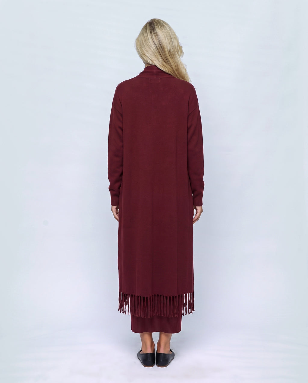 Odette Dress & Fringed Shawl Set in Wine, back view on a non-pregnant model