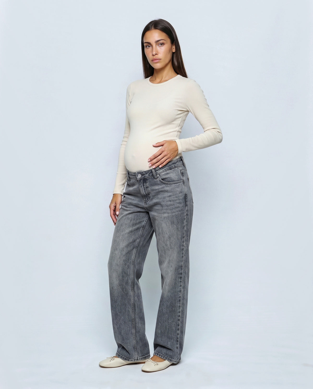 Remy Wide-Leg Maternity Jeans in Grey wash, front view