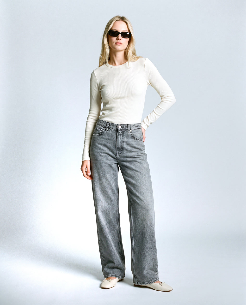 Remy Wide-Leg Maternity Jeans in Grey wash, front view on a non-pregnant model