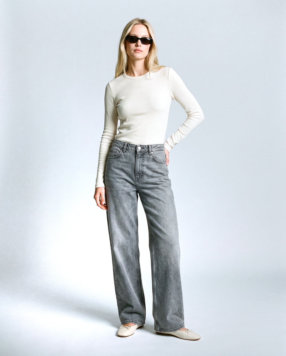 Remy Wide-Leg Maternity Jeans in Grey wash, front view on a non-pregnant model
