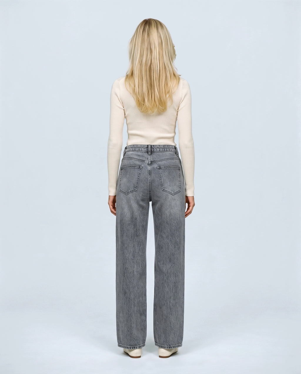 Remy Wide-Leg Maternity Jeans in Grey wash, back view on a non-pregnant model