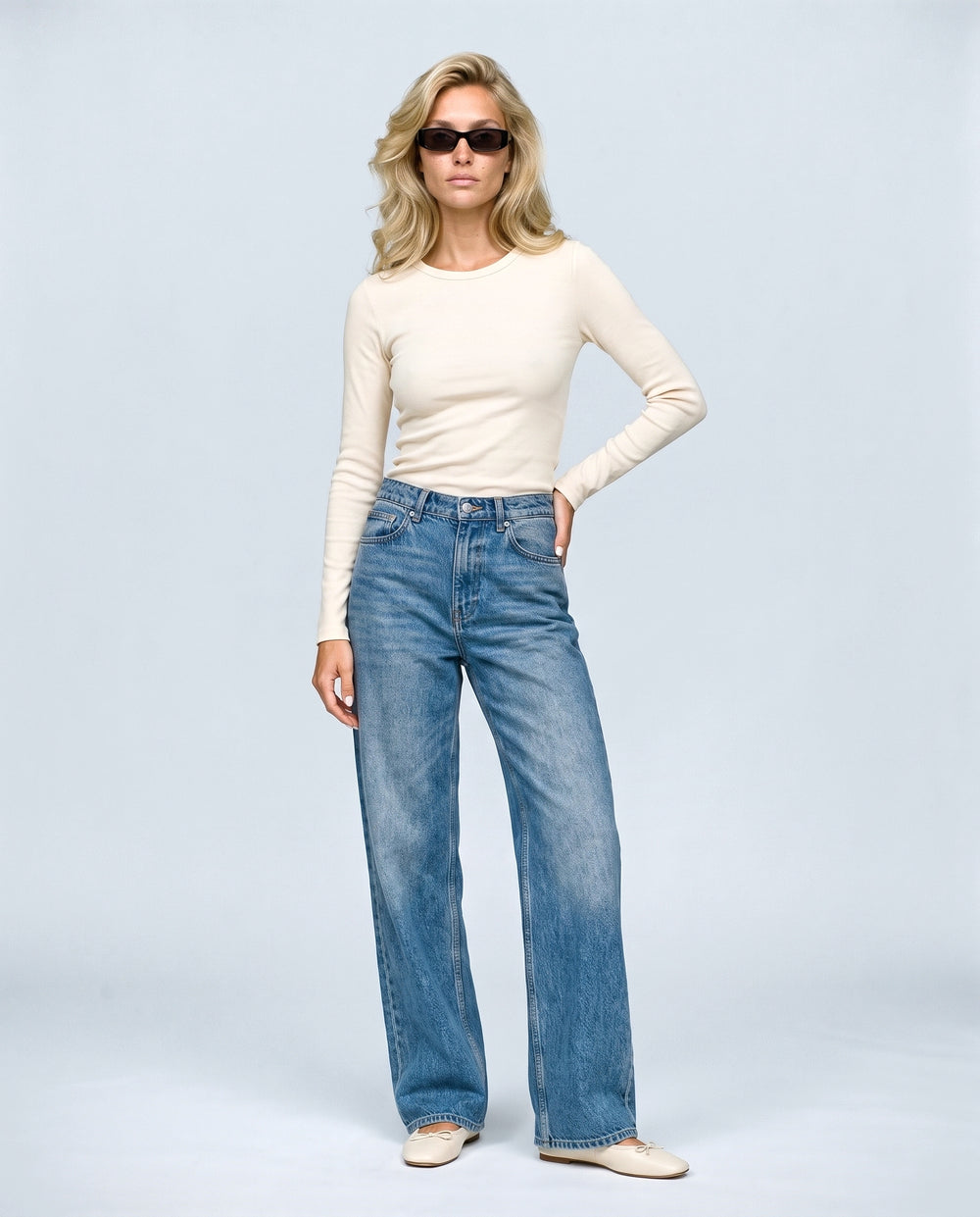 Remy Wide-Leg Maternity Jeans in Vintage blue, front view on a non-pregnant model