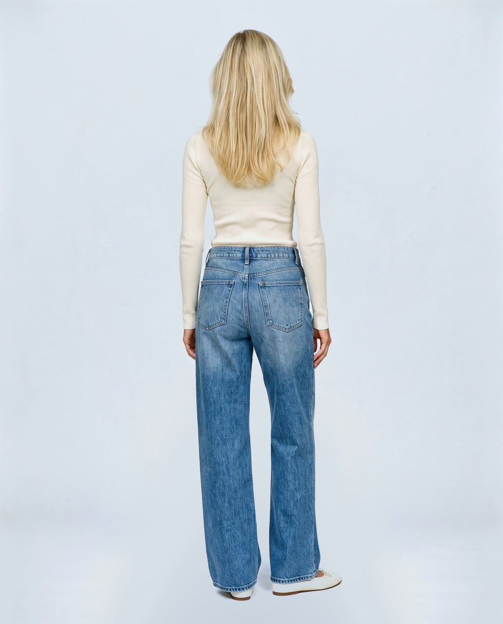 Remy Wide-Leg Maternity Jeans in Vintage blue, back view on a non-pregnant model