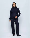 The Stand-Collar Cardigan in Navy, front view