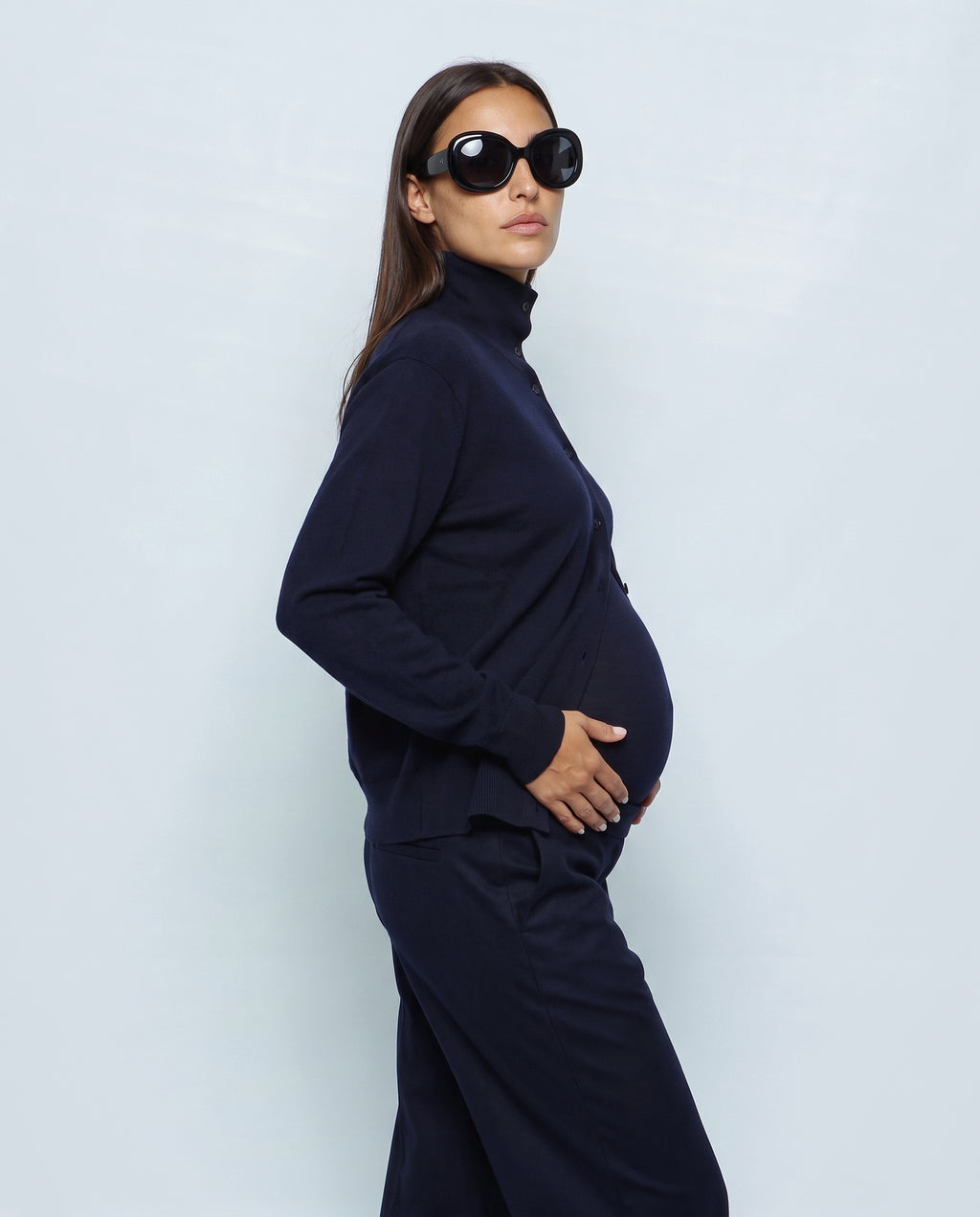 The Stand-Collar Cardigan in Navy, side view