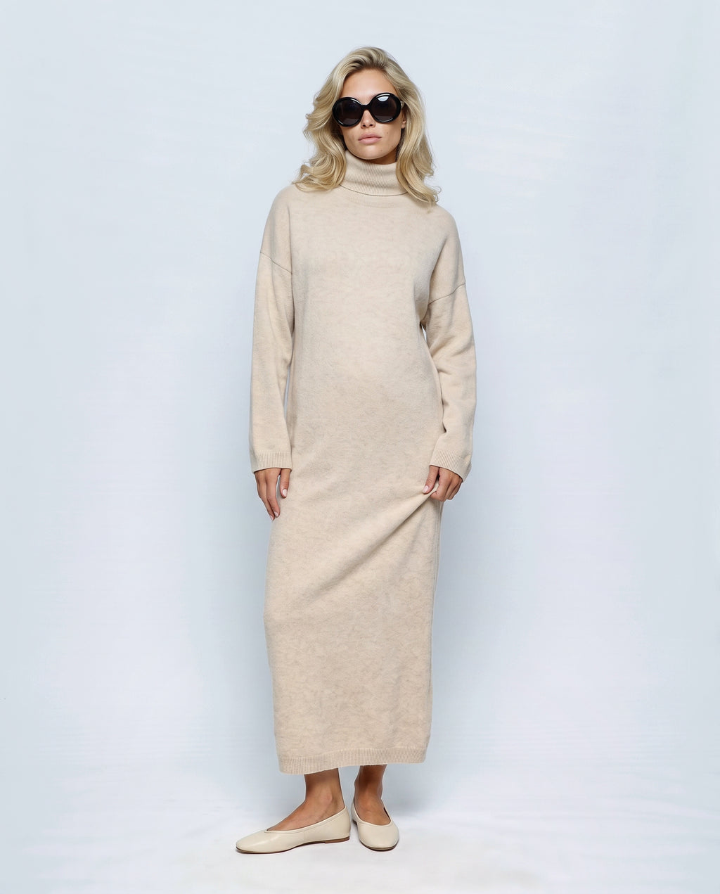 Camille Roll-Neck Knit Maxi Dress in Apricot, front view on a non-pregnant model