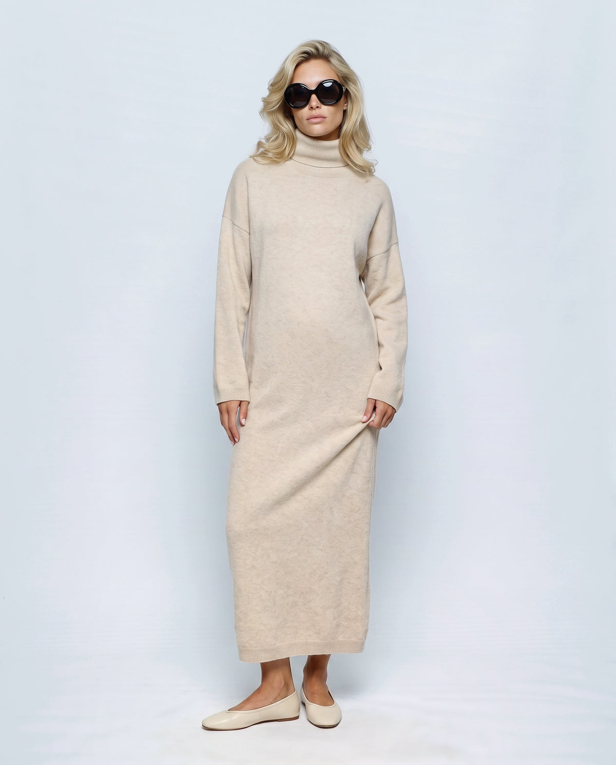 Camille Roll-Neck Knit Maxi Dress in Apricot, front view on a non-pregnant model