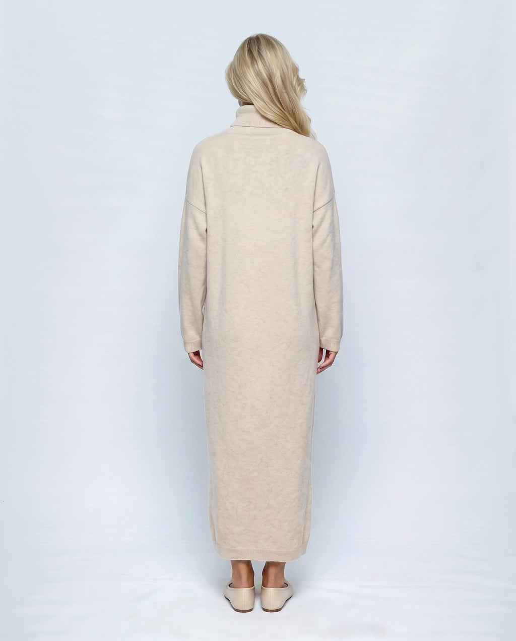 Camille Roll-Neck Knit Maxi Dress in Apricot, back view on a non-pregnant model