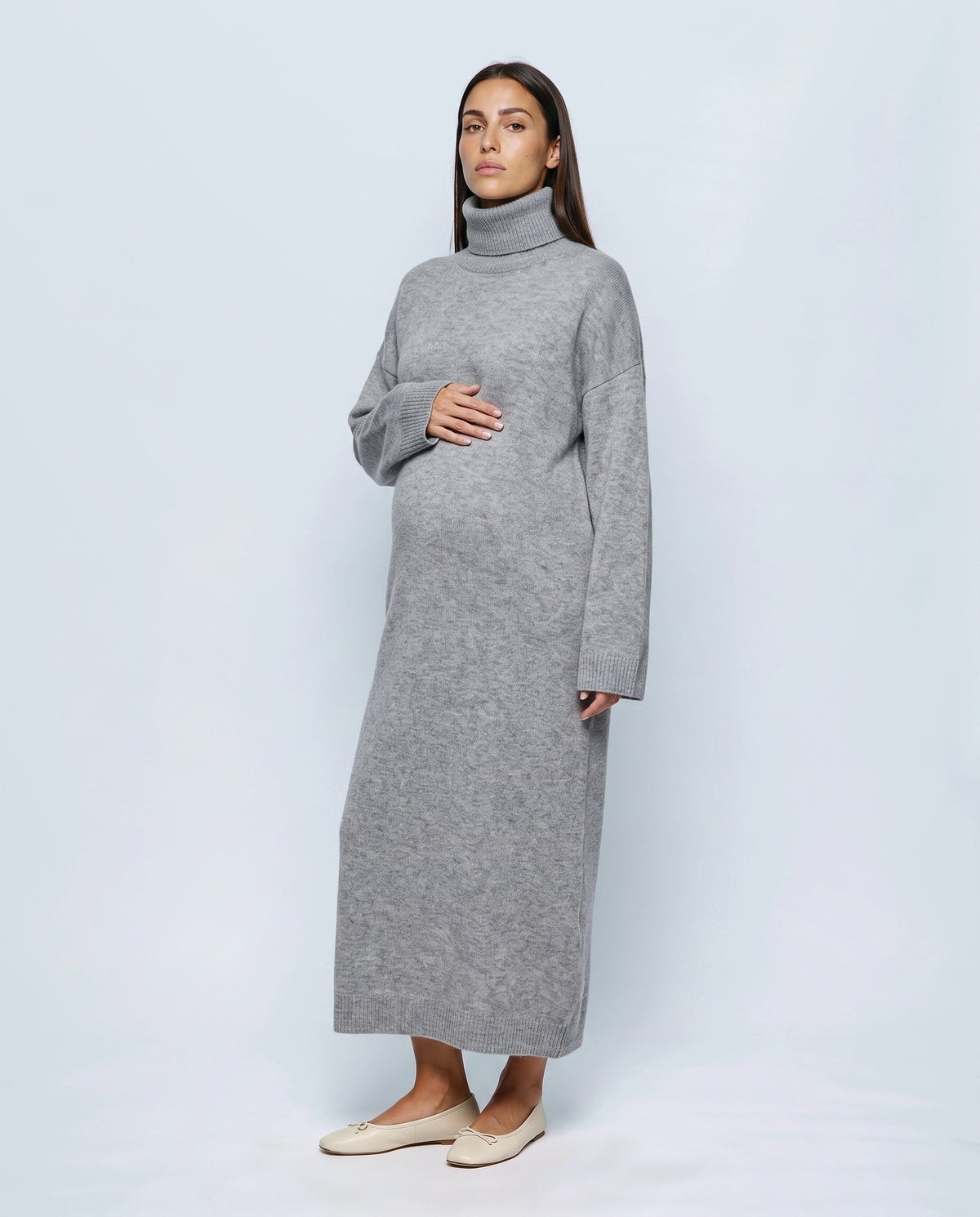 Camille Roll-Neck Knit Maxi Dress in Grey, front view