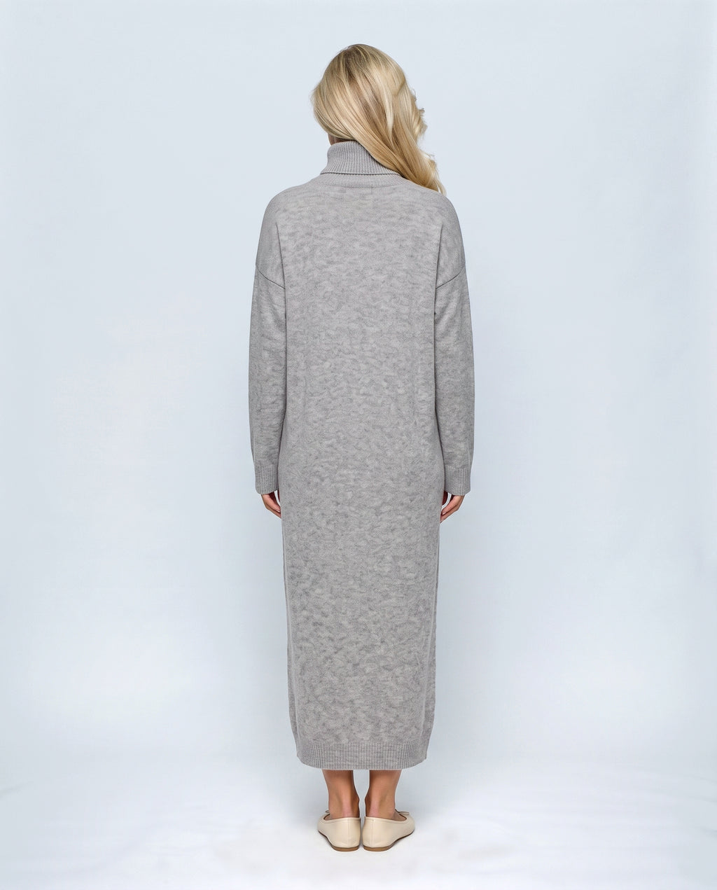 Camille Roll-Neck Knit Maxi Dress in Grey, back view on a non-pregnant model