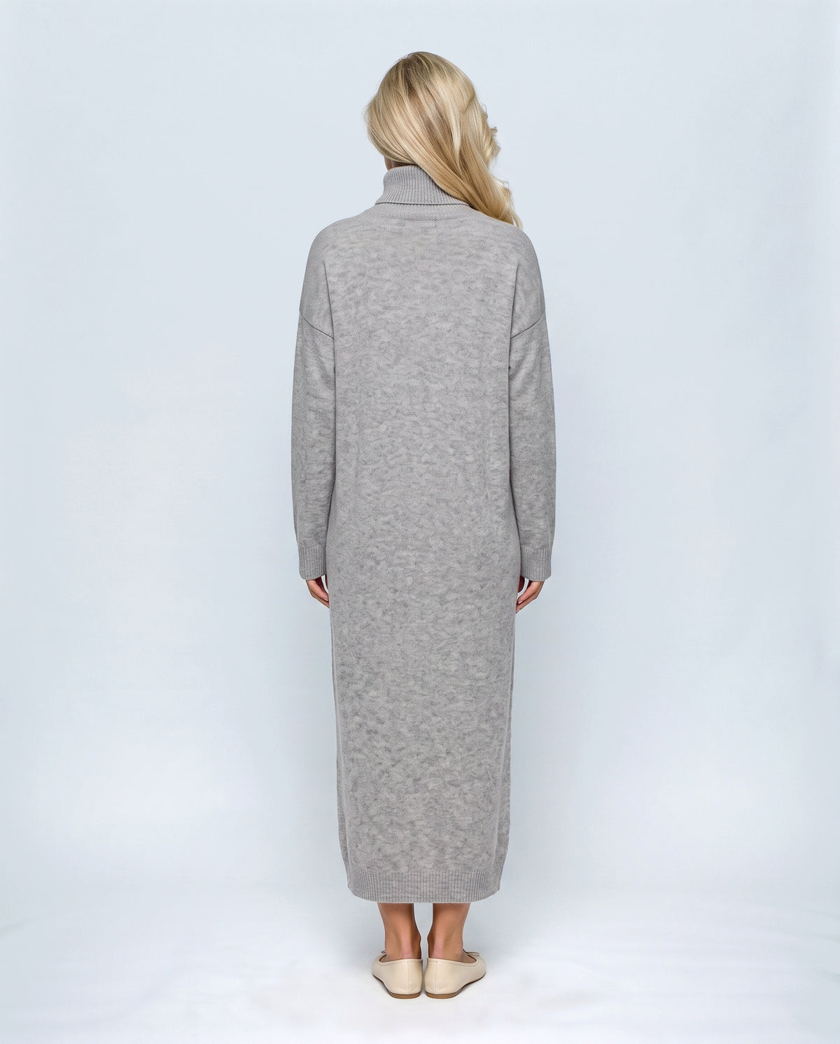 Camille Roll-Neck Knit Maxi Dress in Grey, back view on a non-pregnant model