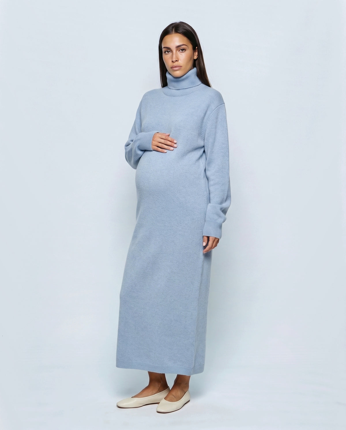 Camille Roll-Neck Knit Maxi Dress in Powder blue, front view