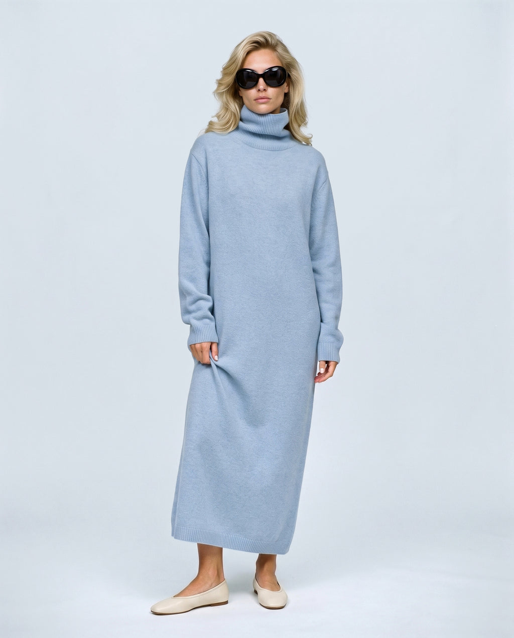 Camille Roll-Neck Knit Maxi Dress in Powder blue, front view on a non-pregnant model