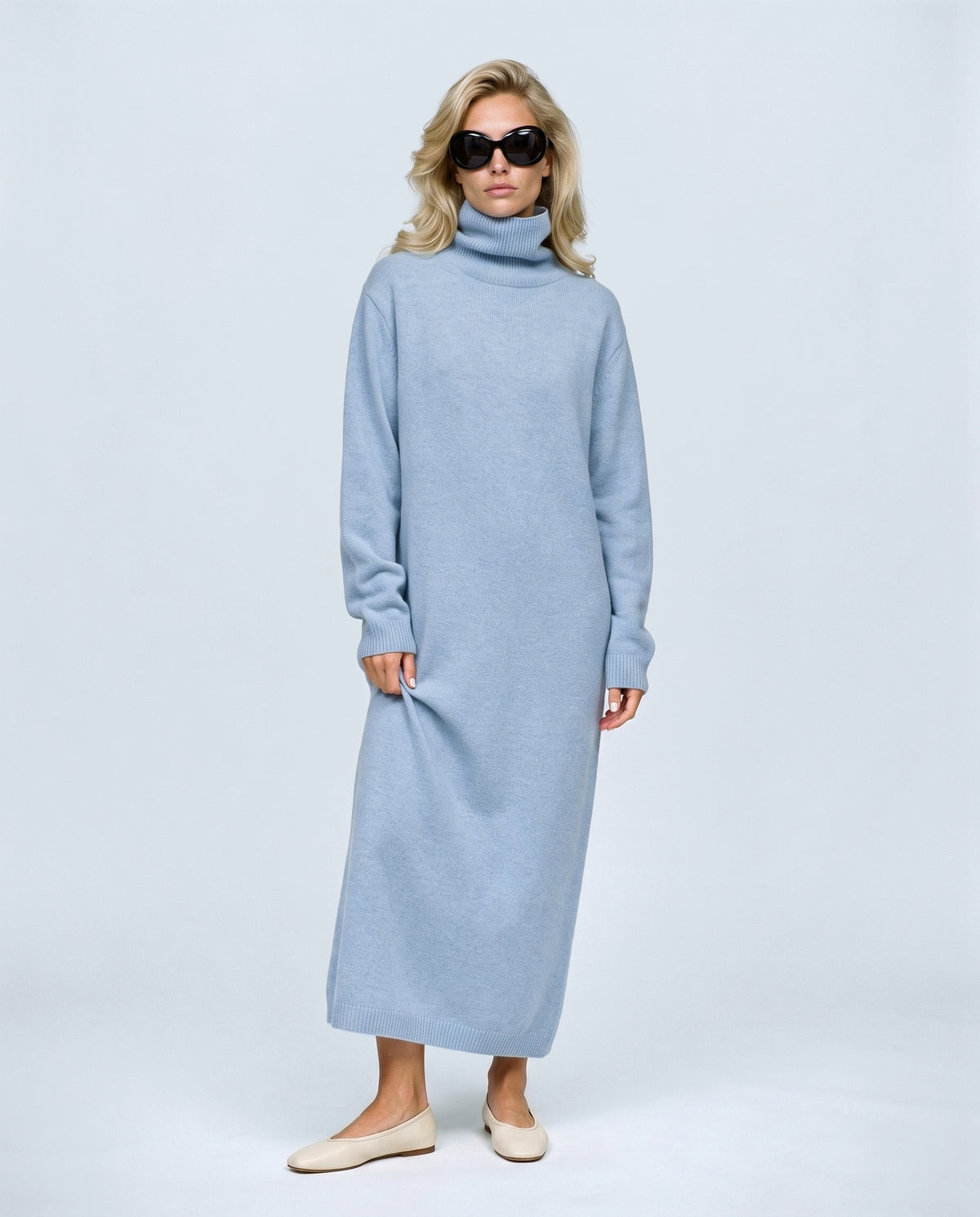 Camille Roll-Neck Knit Maxi Dress in Powder blue, front view on a non-pregnant model