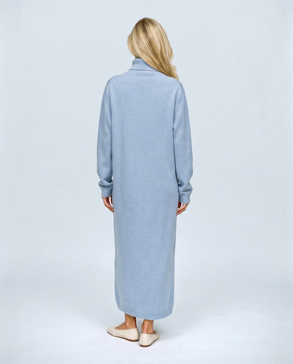 Camille Roll-Neck Knit Maxi Dress in Powder blue, back view on a non-pregnant model