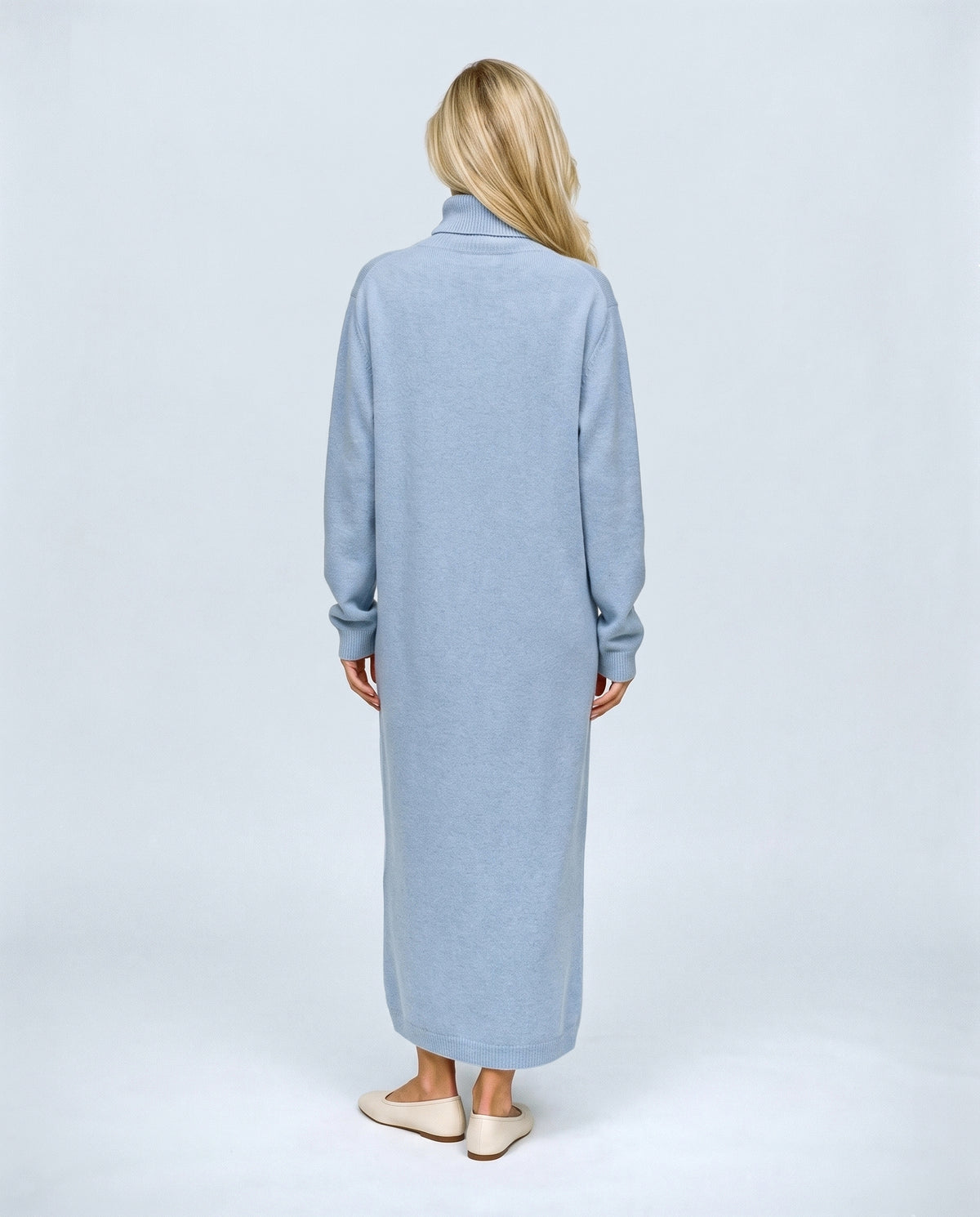 Camille Roll-Neck Knit Maxi Dress in Powder blue, back view on a non-pregnant model