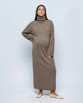 Camille Roll-Neck Knit Maxi Dress in Taupe khaki, front view