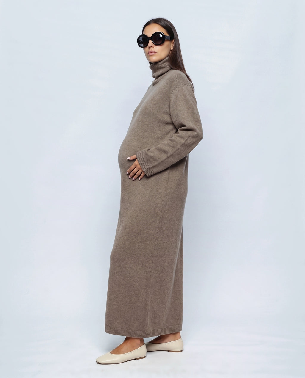 Camille Roll-Neck Knit Maxi Dress in Taupe khaki, side view