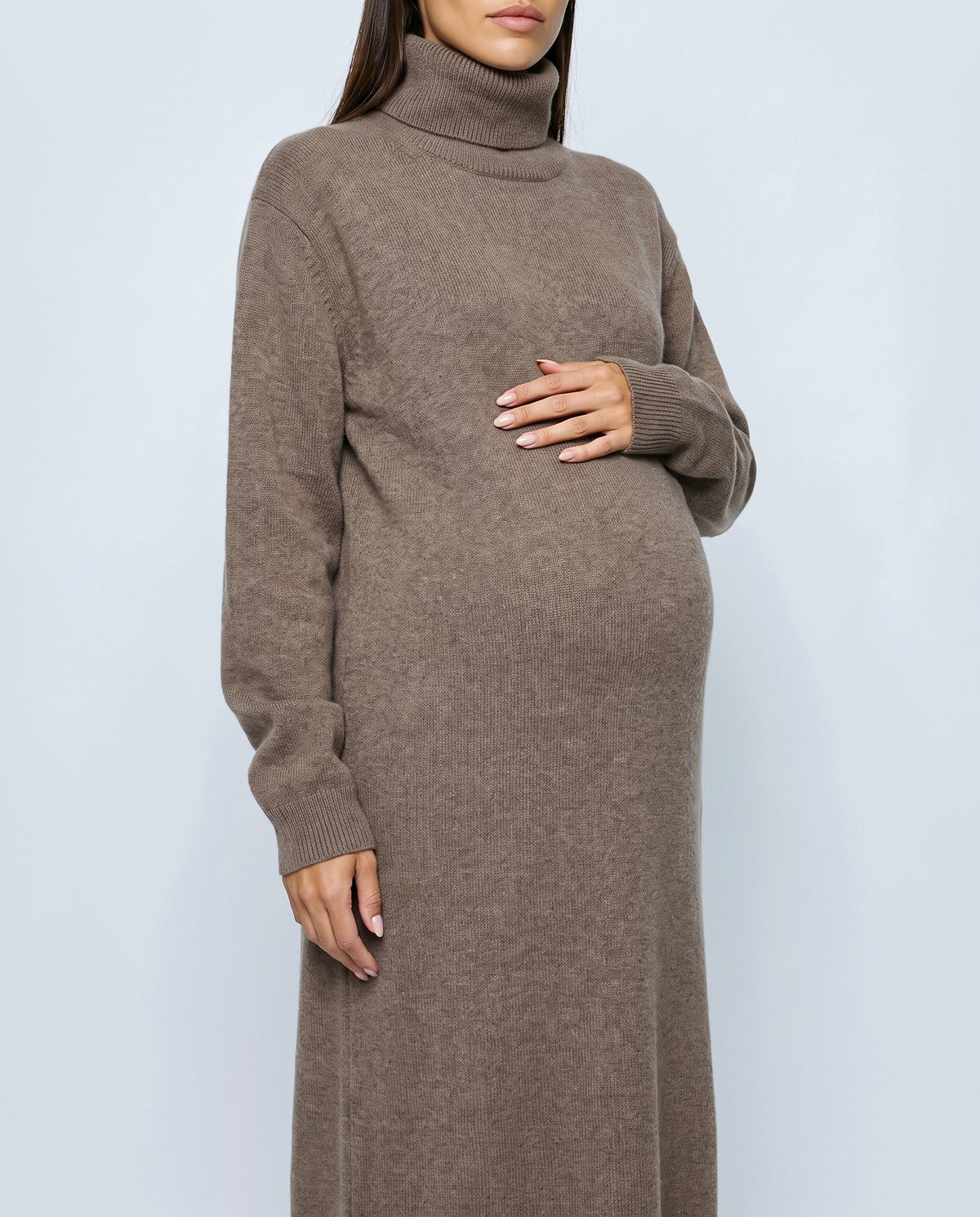 Camille Roll-Neck Knit Maxi Dress in Taupe khaki, fabric detail