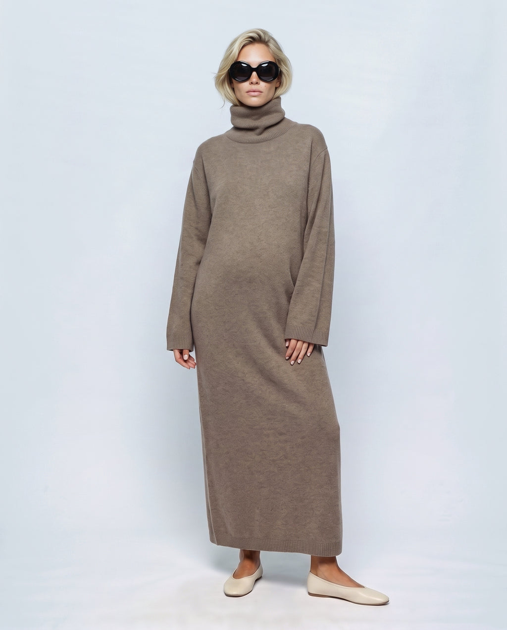Camille Roll-Neck Knit Maxi Dress in Taupe khaki, front view on a non-pregnant model