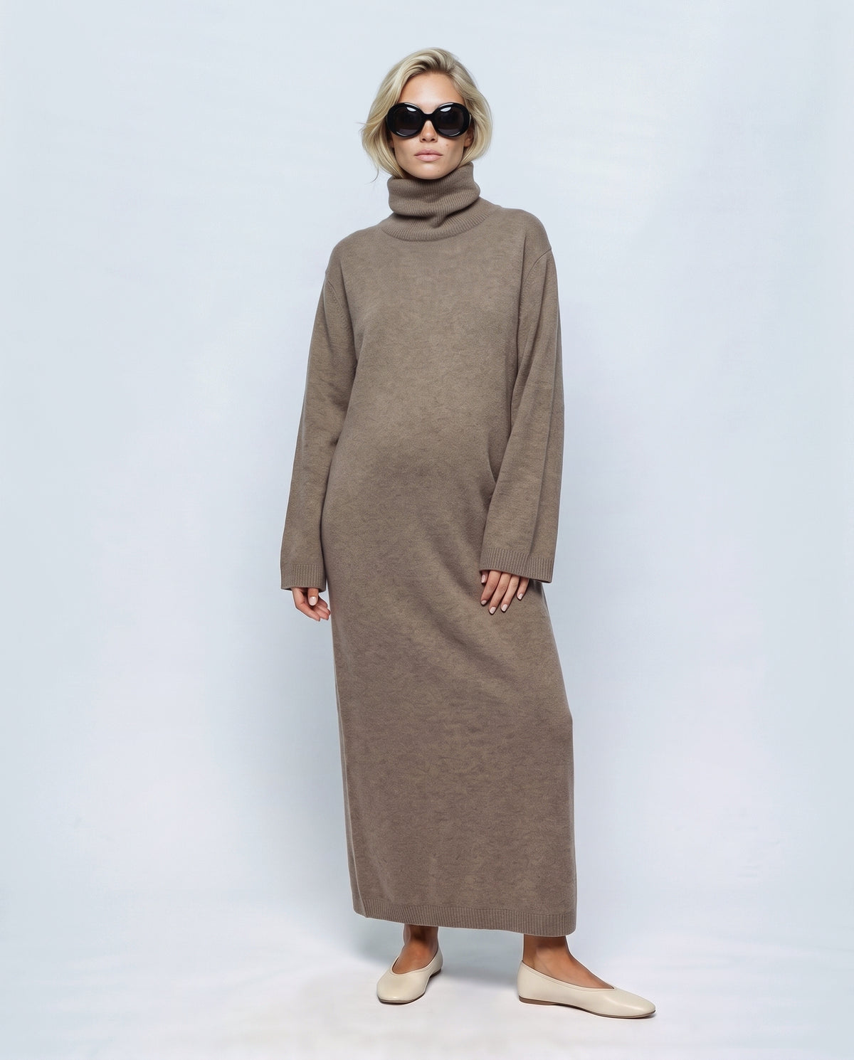 Camille Roll-Neck Knit Maxi Dress in Taupe khaki, front view on a non-pregnant model