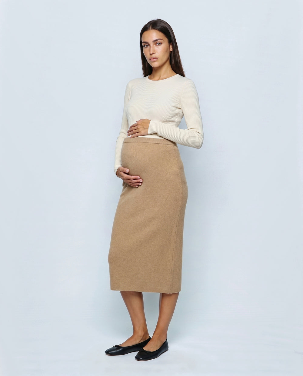 The Column Knit Skirt in Camel, front view