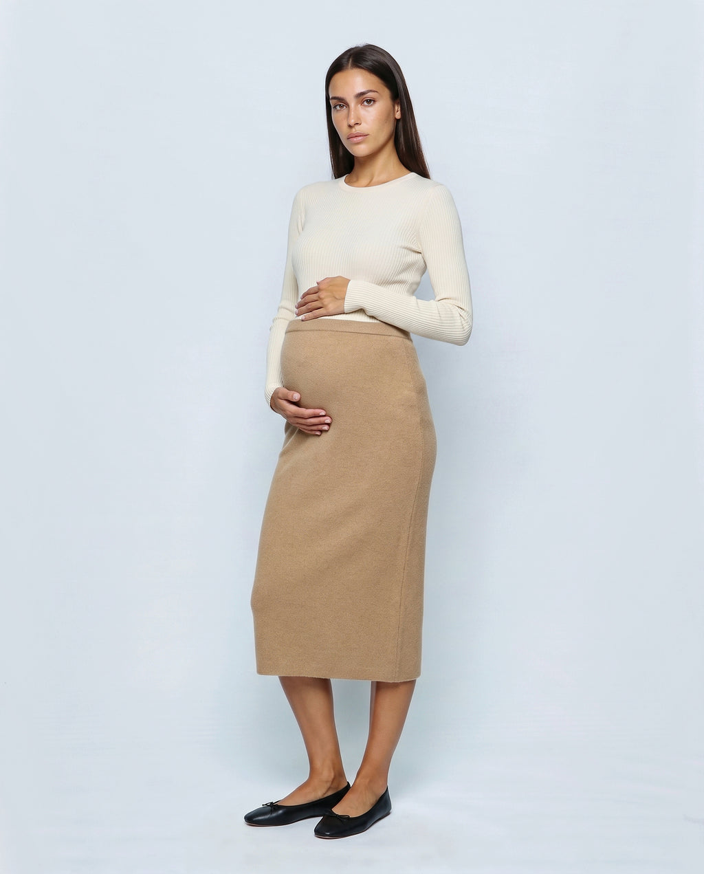 The Column Knit Skirt in Camel, front view