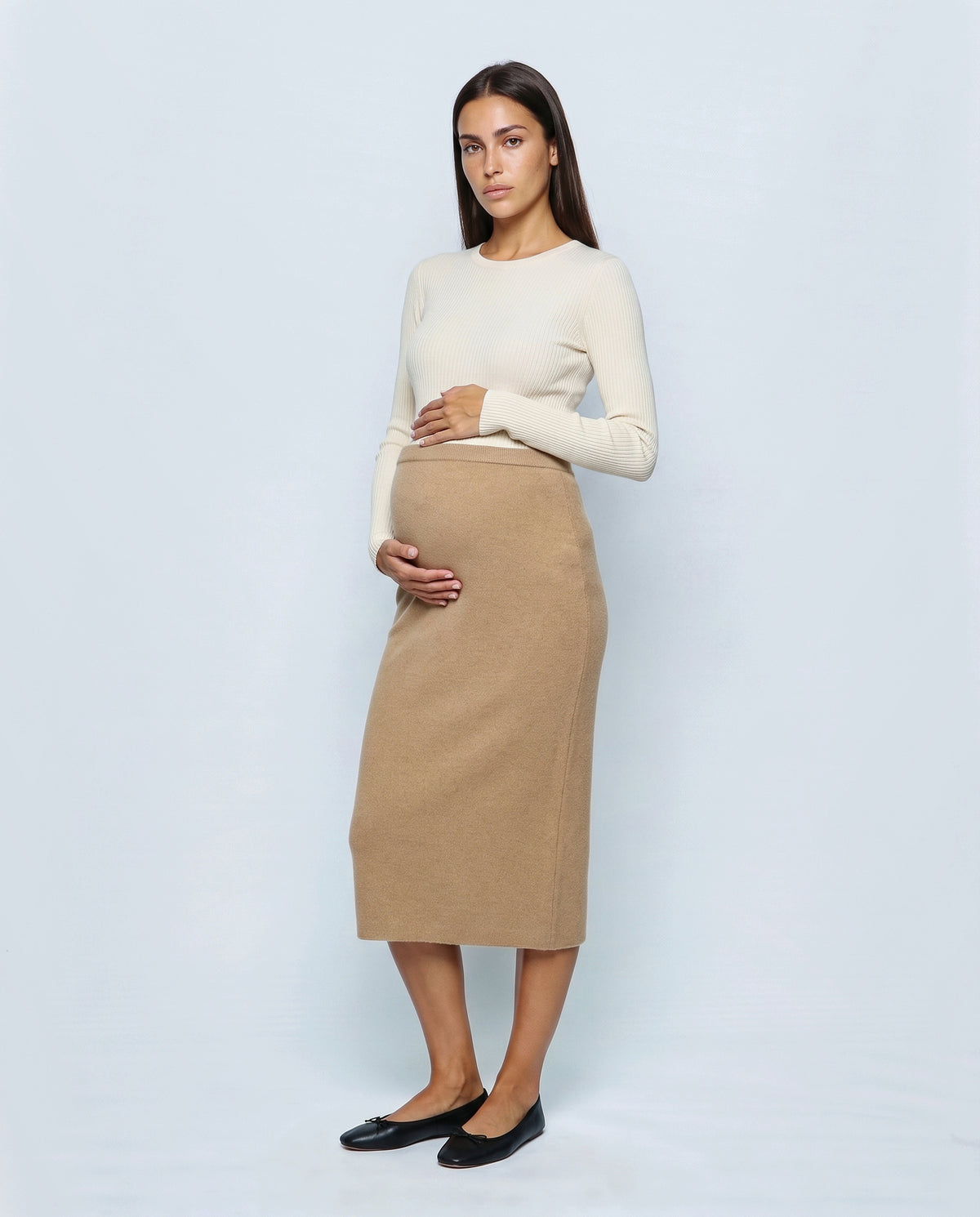 The Column Knit Skirt in Camel, front view
