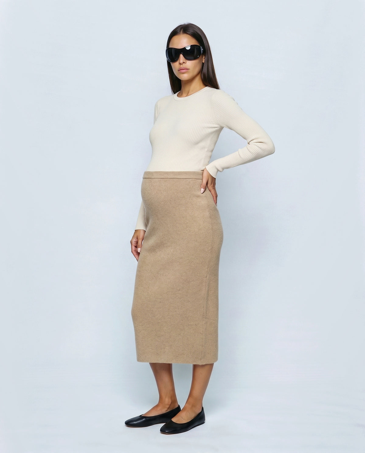 The Column Knit Skirt in Camel, side view
