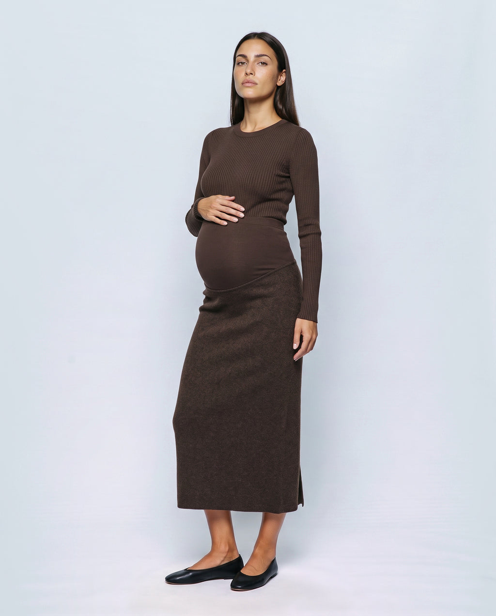 The Column Knit Skirt in Chocolate, front view