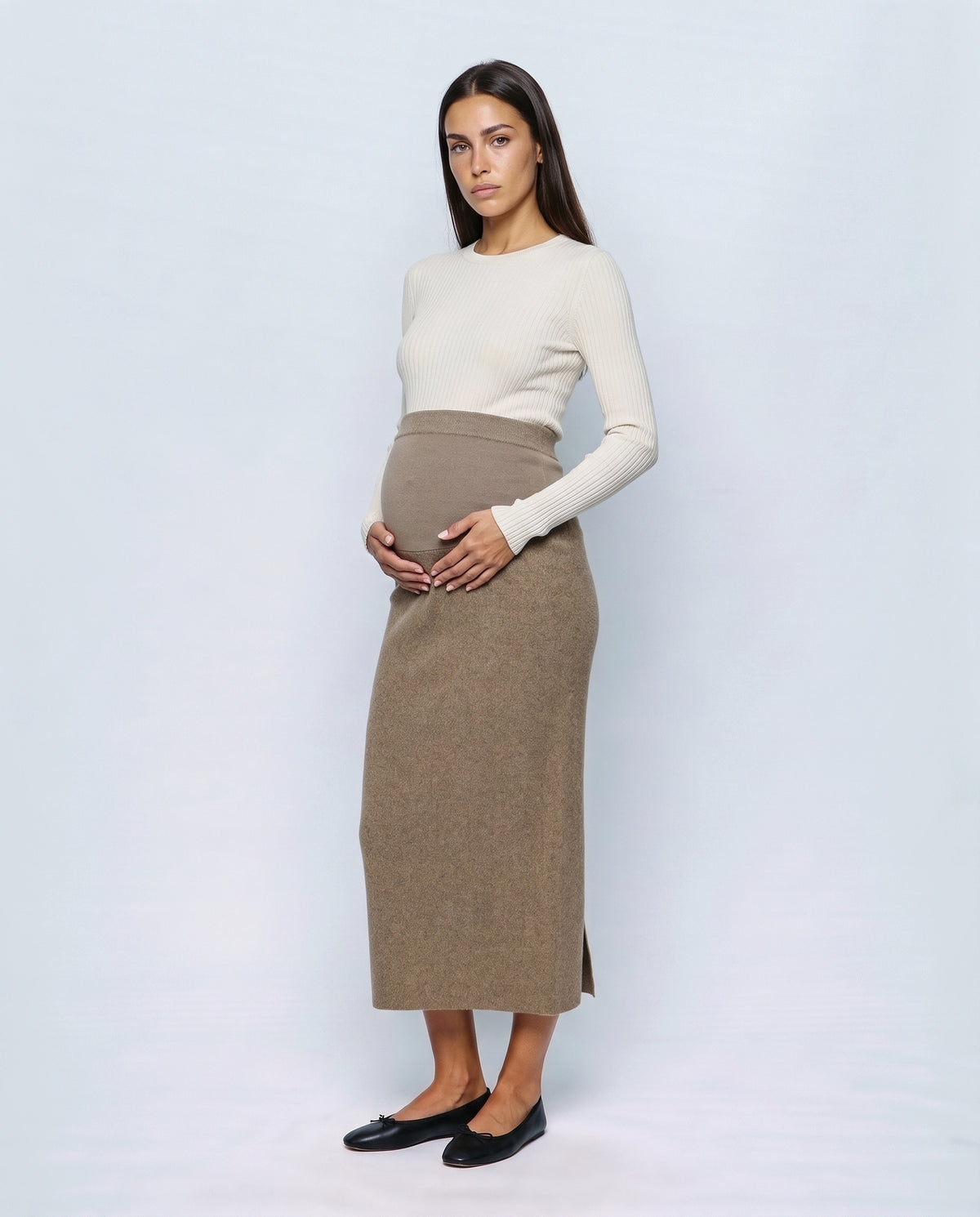 The Column Knit Skirt in Taupe, front view