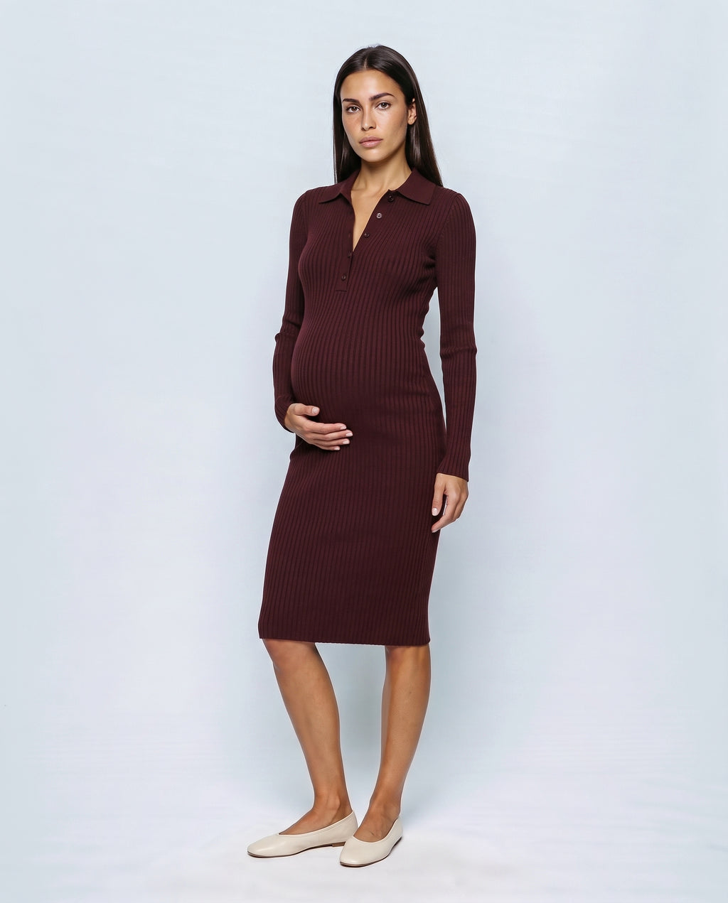 Arielle Collared Rib-Knit Dress in Burgundy, front view