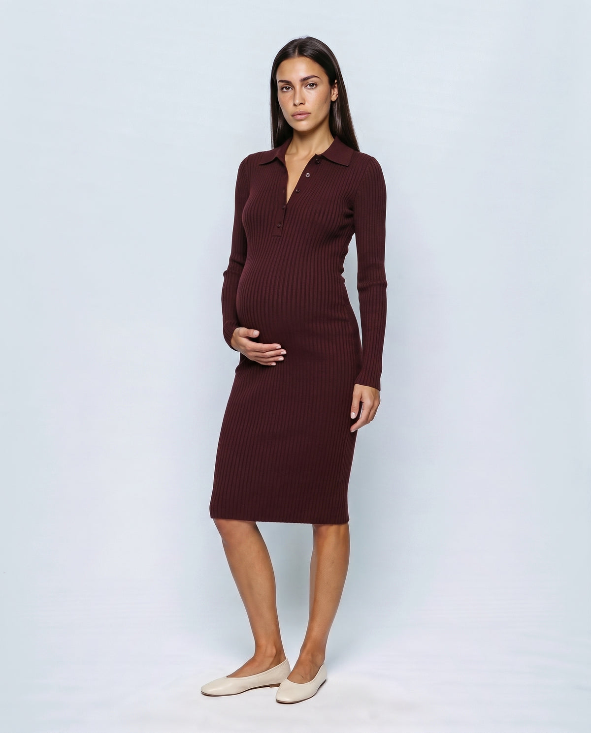 Arielle Collared Rib-Knit Dress in Burgundy, front view