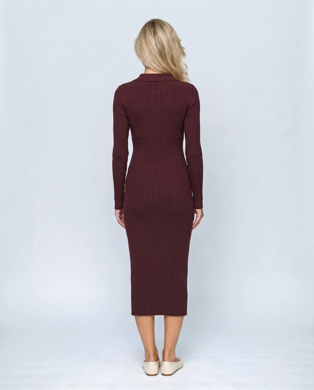 Arielle Collared Rib-Knit Dress in Burgundy, back view on a non-pregnant model