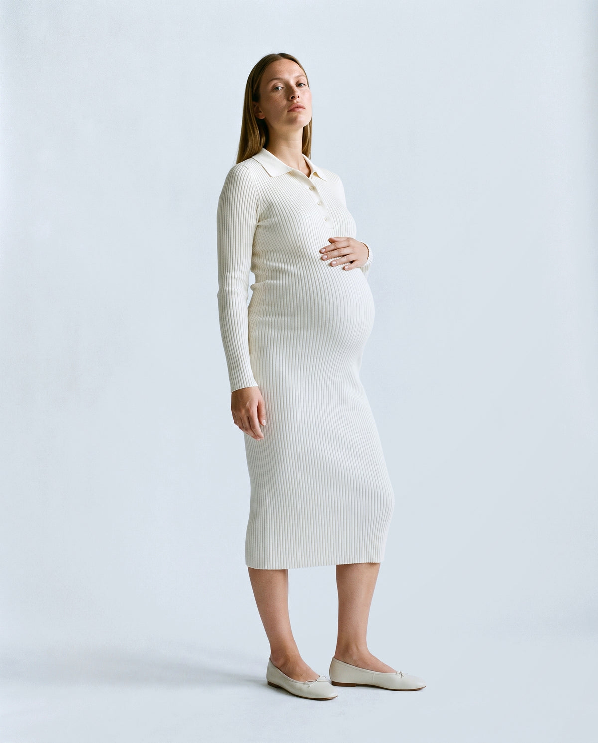 Arielle Collared Rib-Knit Dress in Cream white, front view