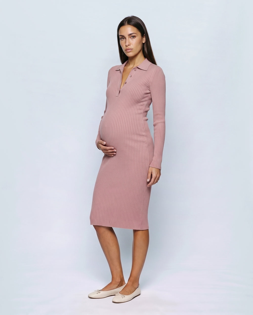 Arielle Collared Rib-Knit Dress in Rose pink, front view