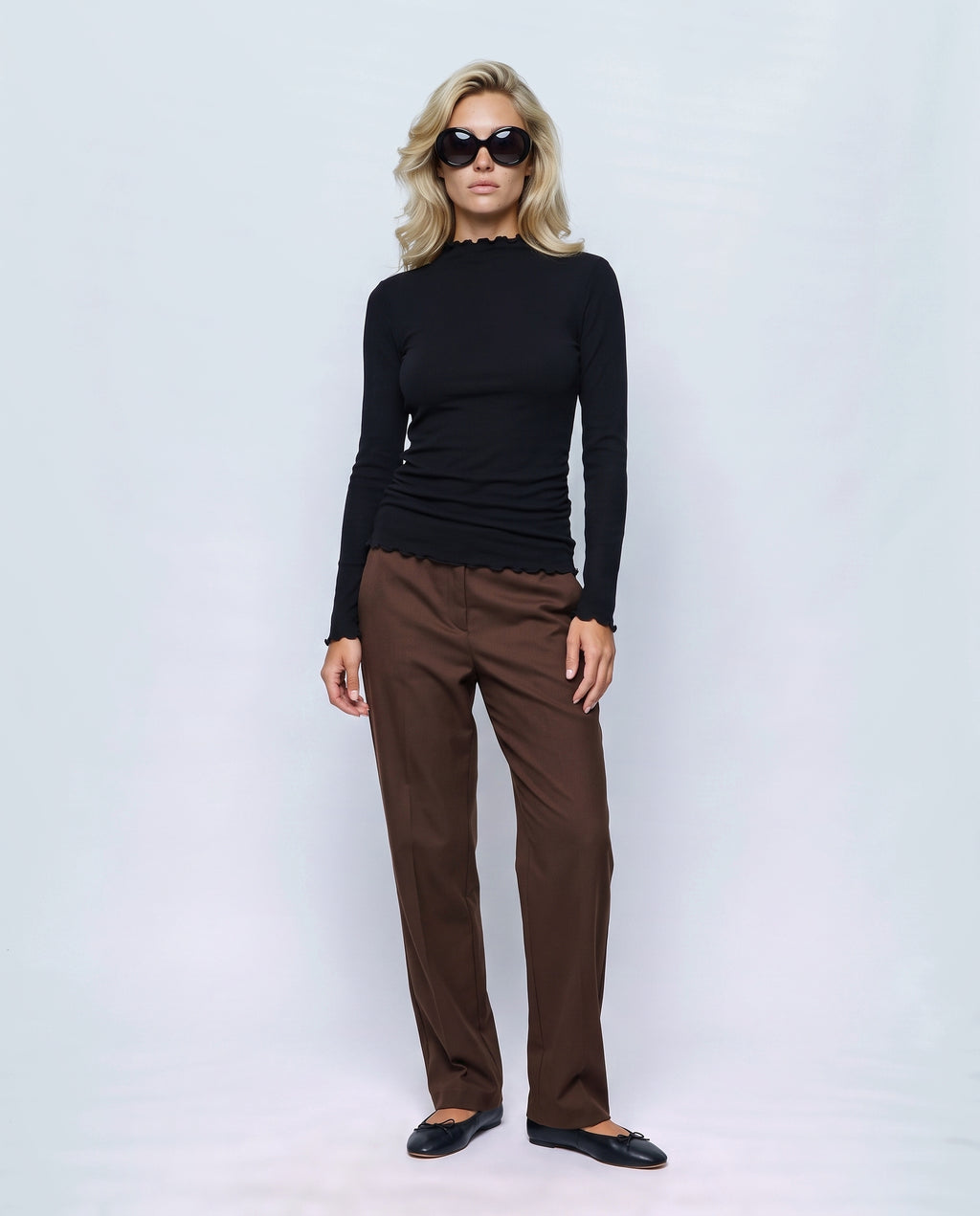 Nina Ruched Maternity Top in Black, front view on a non-pregnant model