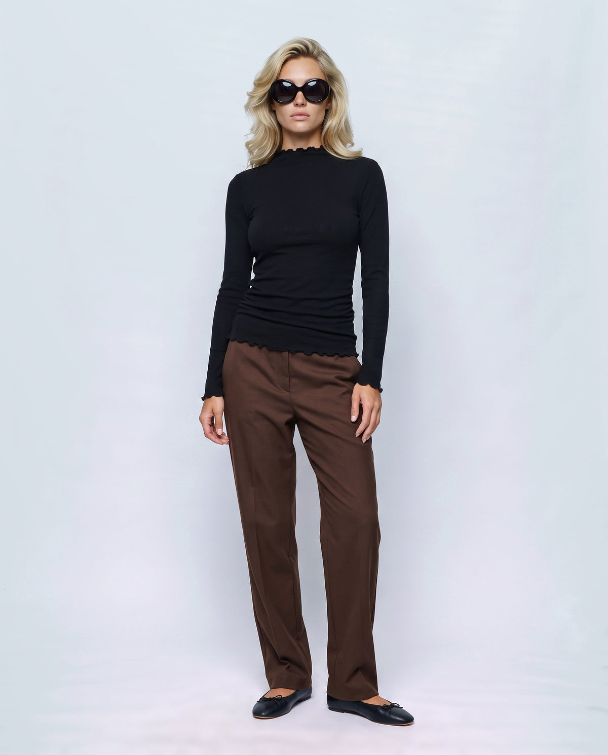 Nina Ruched Maternity Top in Black, front view on a non-pregnant model