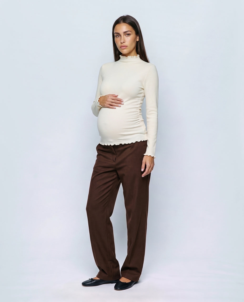 Nina Ruched Maternity Top in Cream, front view