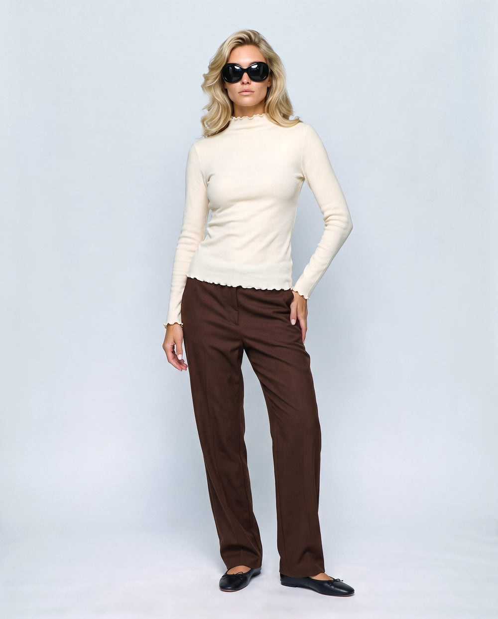 Nina Ruched Maternity Top in Cream, front view on a non-pregnant model