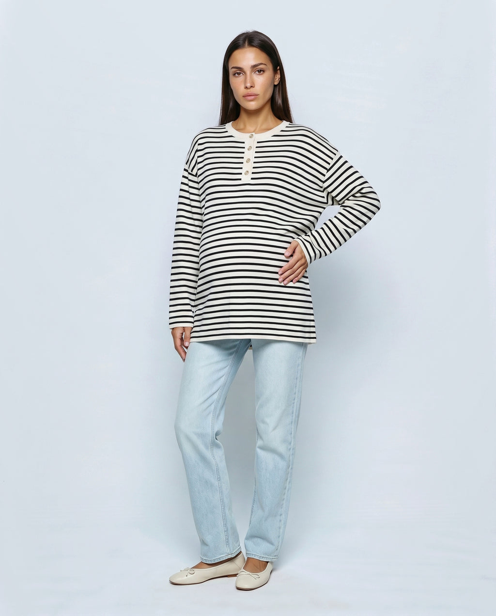 The Relaxed Maternity Stripe Top in Black stripe, front view