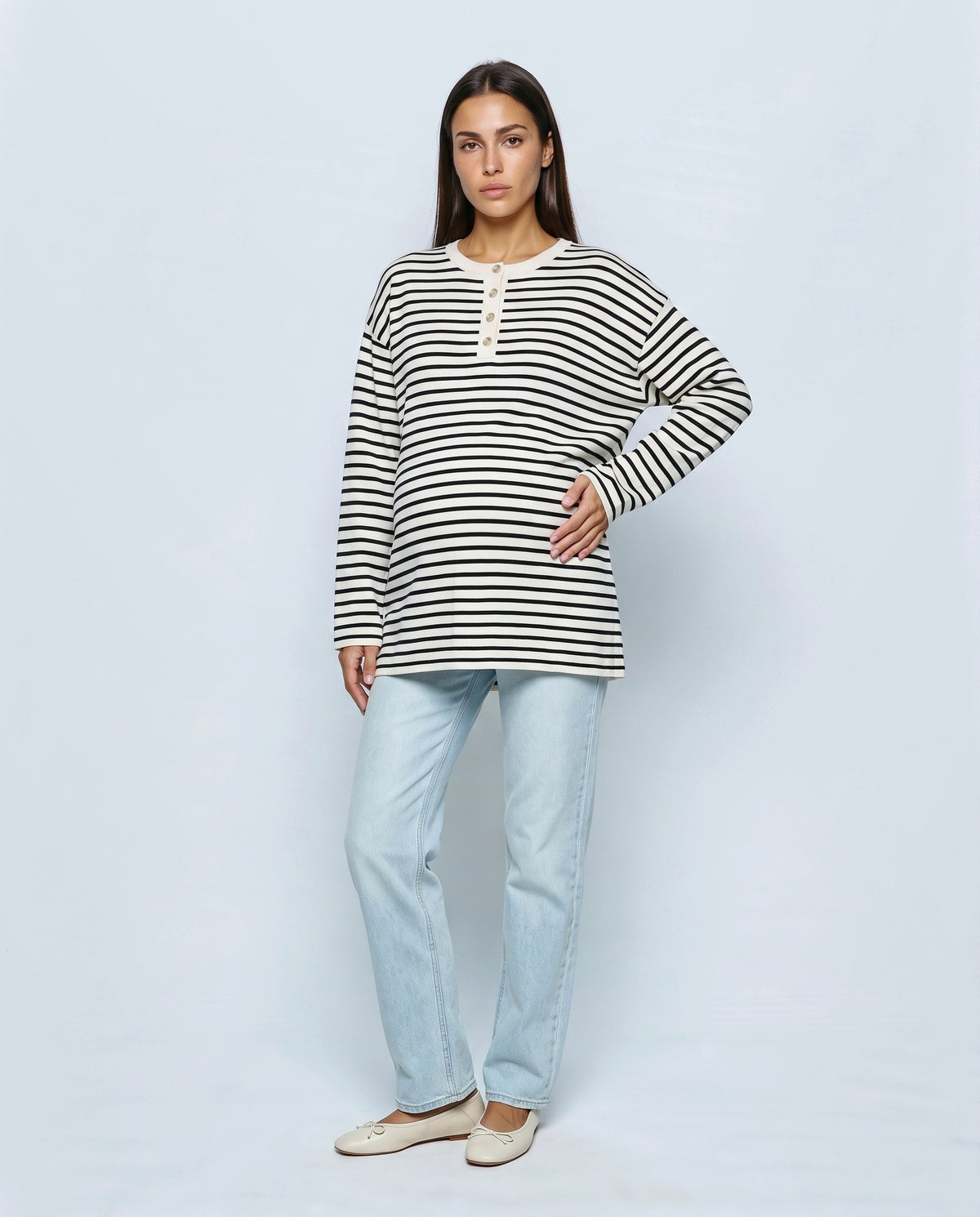 The Relaxed Maternity Stripe Top in Black stripe, front view