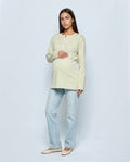 The Relaxed Maternity Stripe Top in Olive stripe, front view