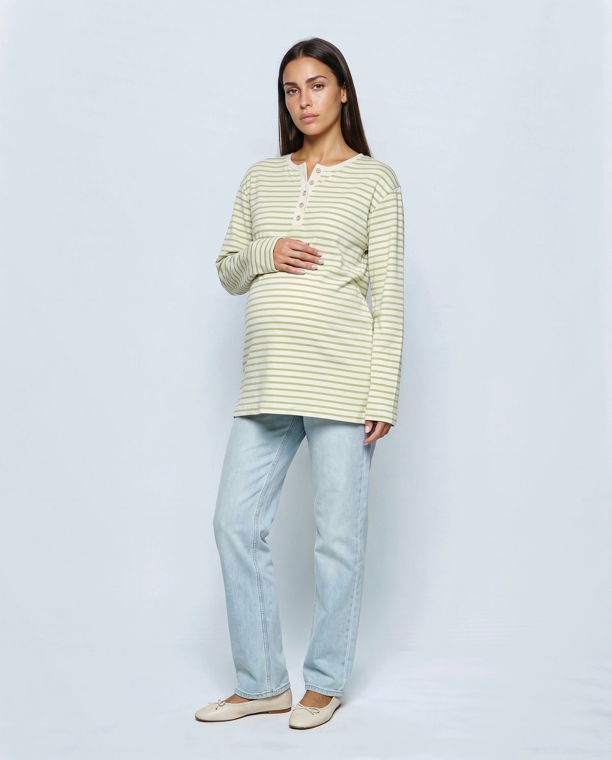 The Relaxed Maternity Stripe Top in Olive stripe, front view