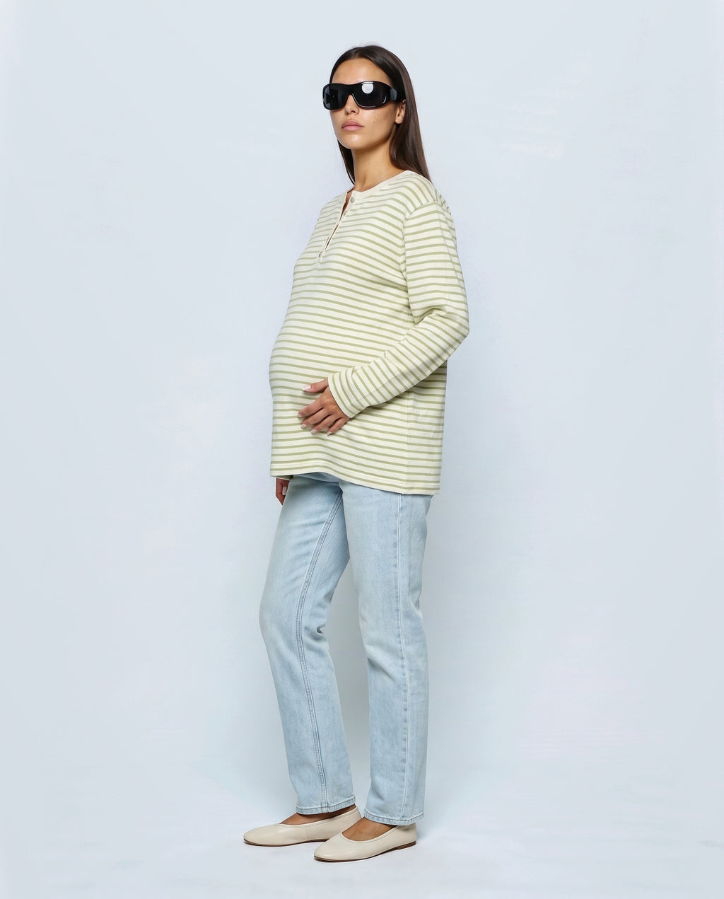The Relaxed Maternity Stripe Top in Olive stripe, side view