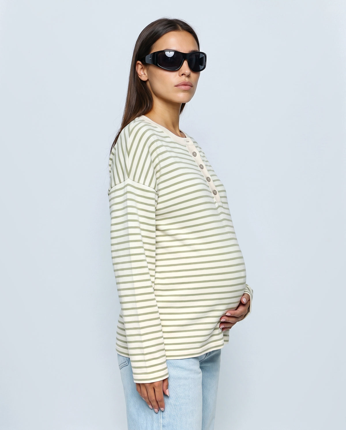 The Relaxed Maternity Stripe Top in Olive stripe, side close-up